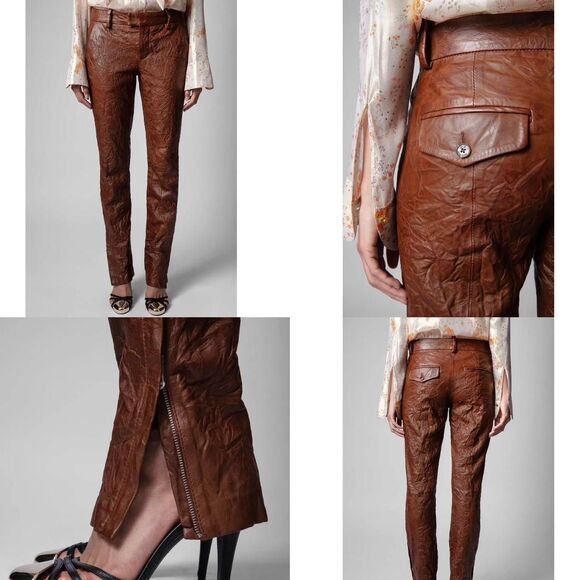 Zadig & Voltaire Prune Crinkle Leather Brown Pants M - Picture 8 of 8